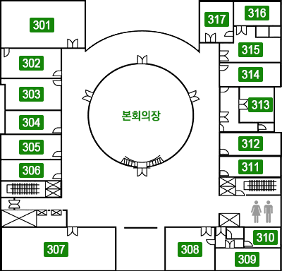 의회청사 3층, 북서쪽에서 301, 302, 303, 304, 305, 306, 307, 308, 309, 310, 화장실, 311, 312, 313, 3147, 316, 315, 중앙에 본히의장이 위치
