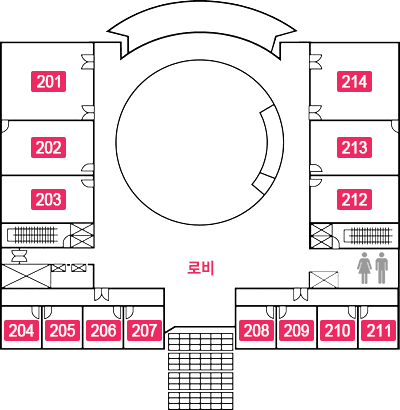 의회청사 2층, 북서쪽에서 시계반대 방향으로 201, 202, 203, 204, 205, 206, 207, 로비, 208, 209, 210, 211, 화장실, 212, 213, 214 위치